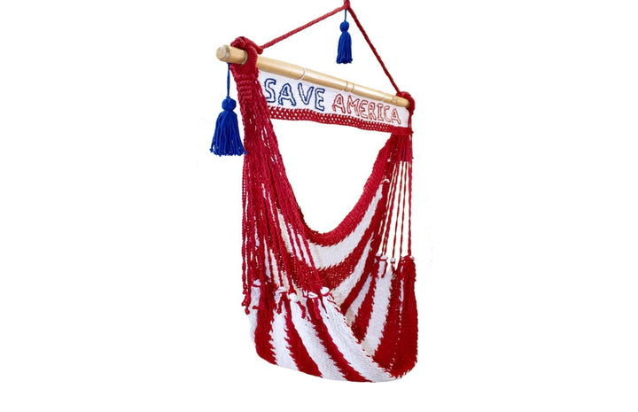 Hammock chair patriotic USA flag with 13 stripes and Save America sign 