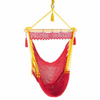 Hanging swing red and gold hammock chair with sign