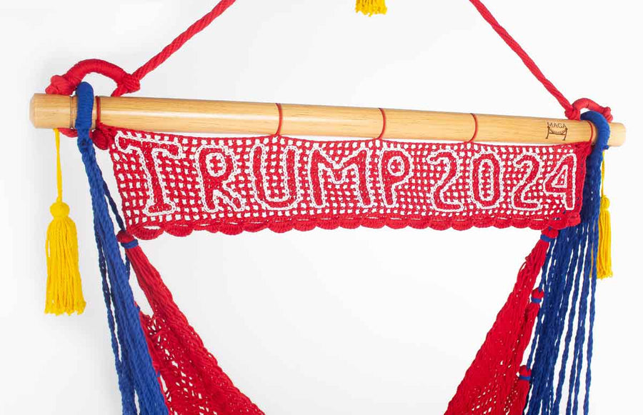 Outdoor and indoor Trump 2020 flag chair with gold tassels