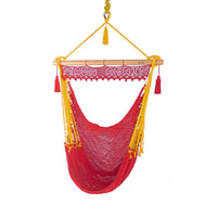 Outdoor and indoor red and gold MAGA AGAIN hammock chair with sign