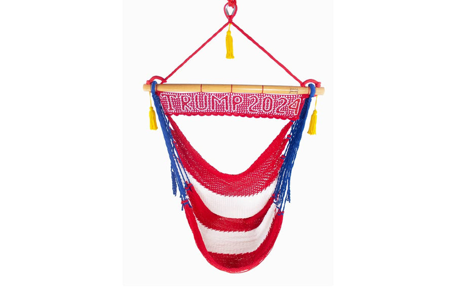 Portable patriotic Trump 2020 flag hammock chair with gold tassels 